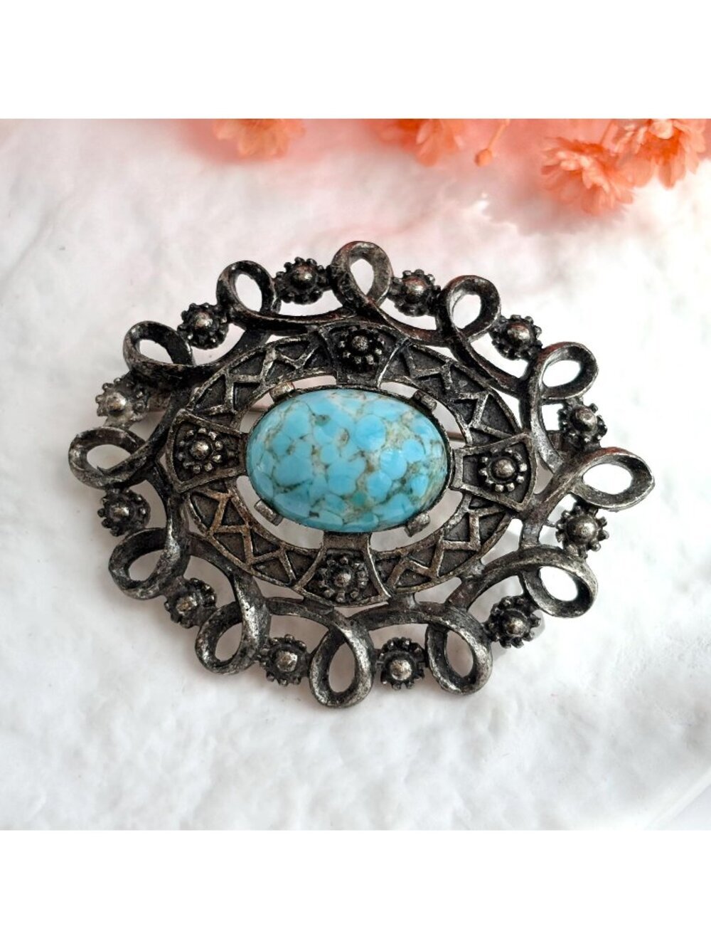 Faux Turquoise Silver Toned Victorian Inspired 80's Vintage Costume Brooch